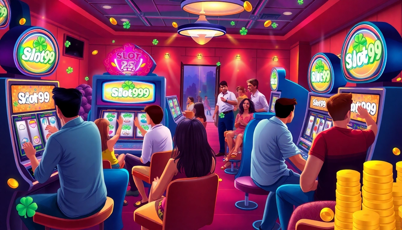 Experience the thrill of slot99 with players enjoying vibrant slot machines in an exciting casino scene.