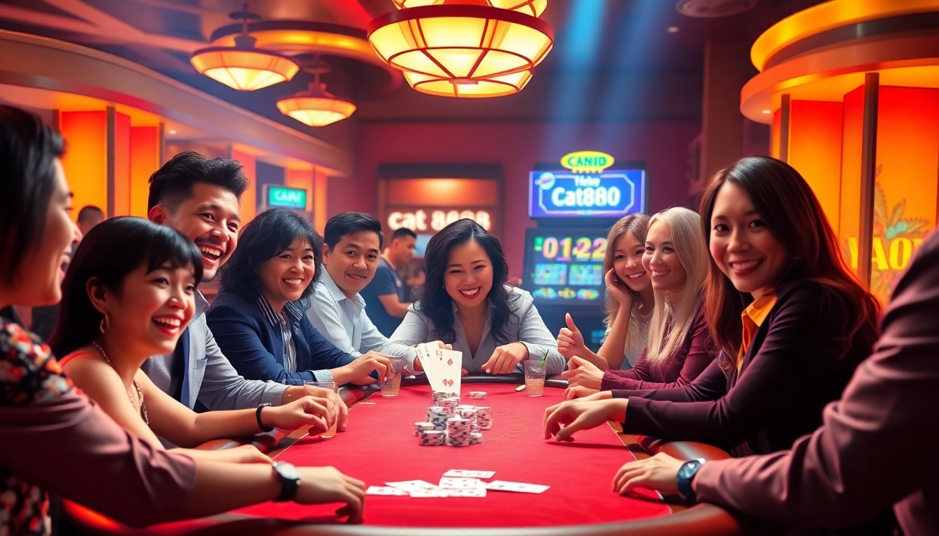 Gamblers enjoy an exciting game at cat888, showcasing vibrant colors and joyful expressions.