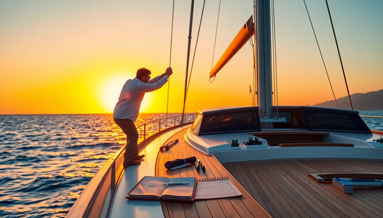 Discover marine88 as a skilled marine engineer flawlessly adjusting yacht rigging at sunset.