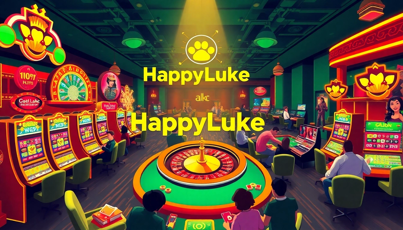 Experience the vibrant atmosphere of HappyLuke's online casino with colorful slot machines and lively games.