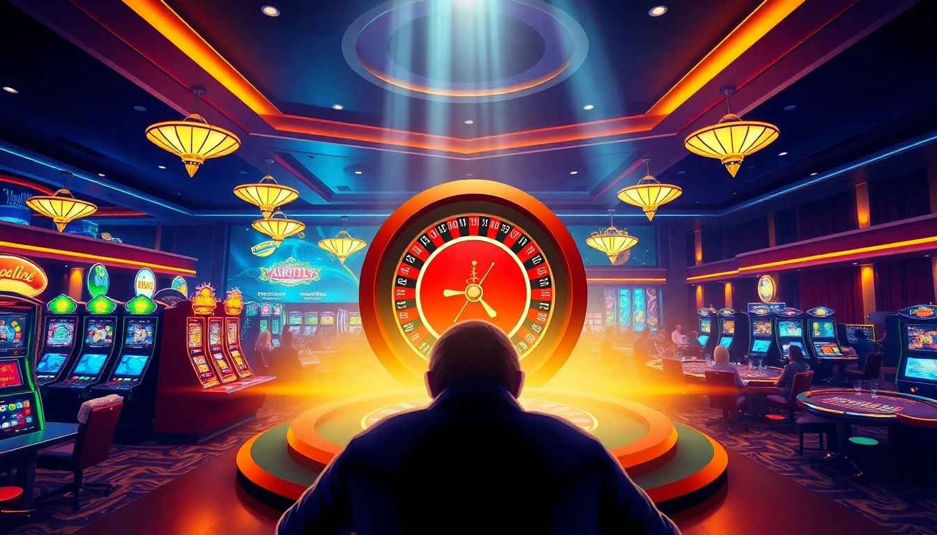 Experience the dazzling atmosphere of HappyLuke casino with players enjoying iconic games.