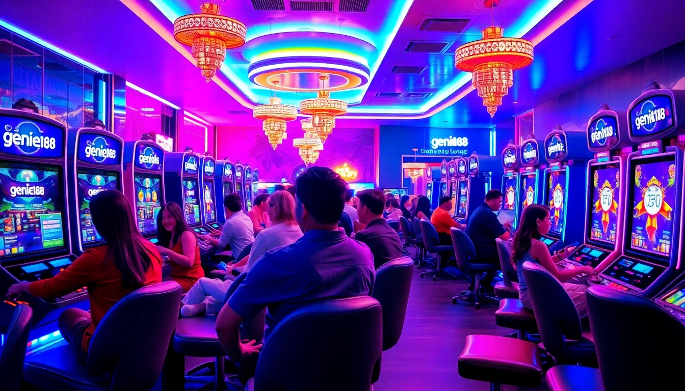 Players enjoying thrilling games at genie168's vibrant lounge filled with colorful lights.