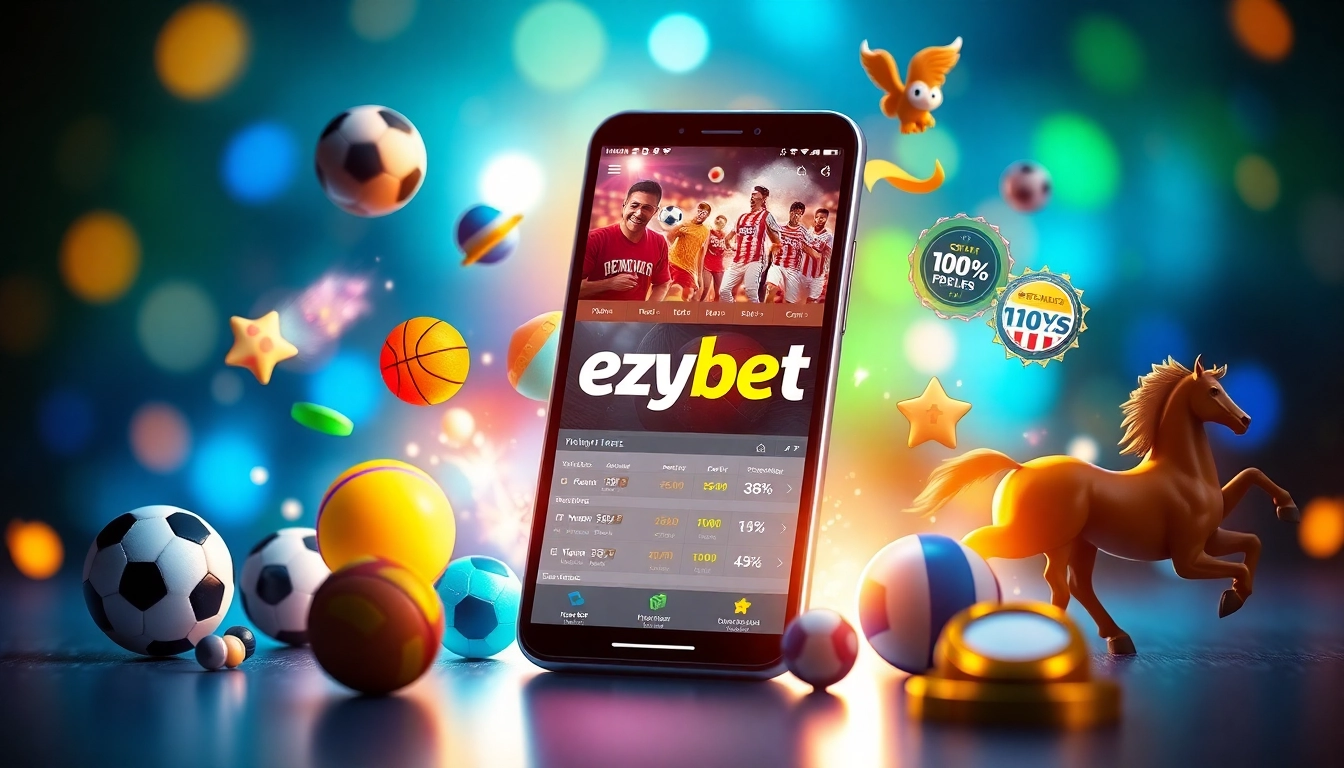 Ezybet showcases a modern online betting interface on a smartphone surrounded by colorful sports icons.