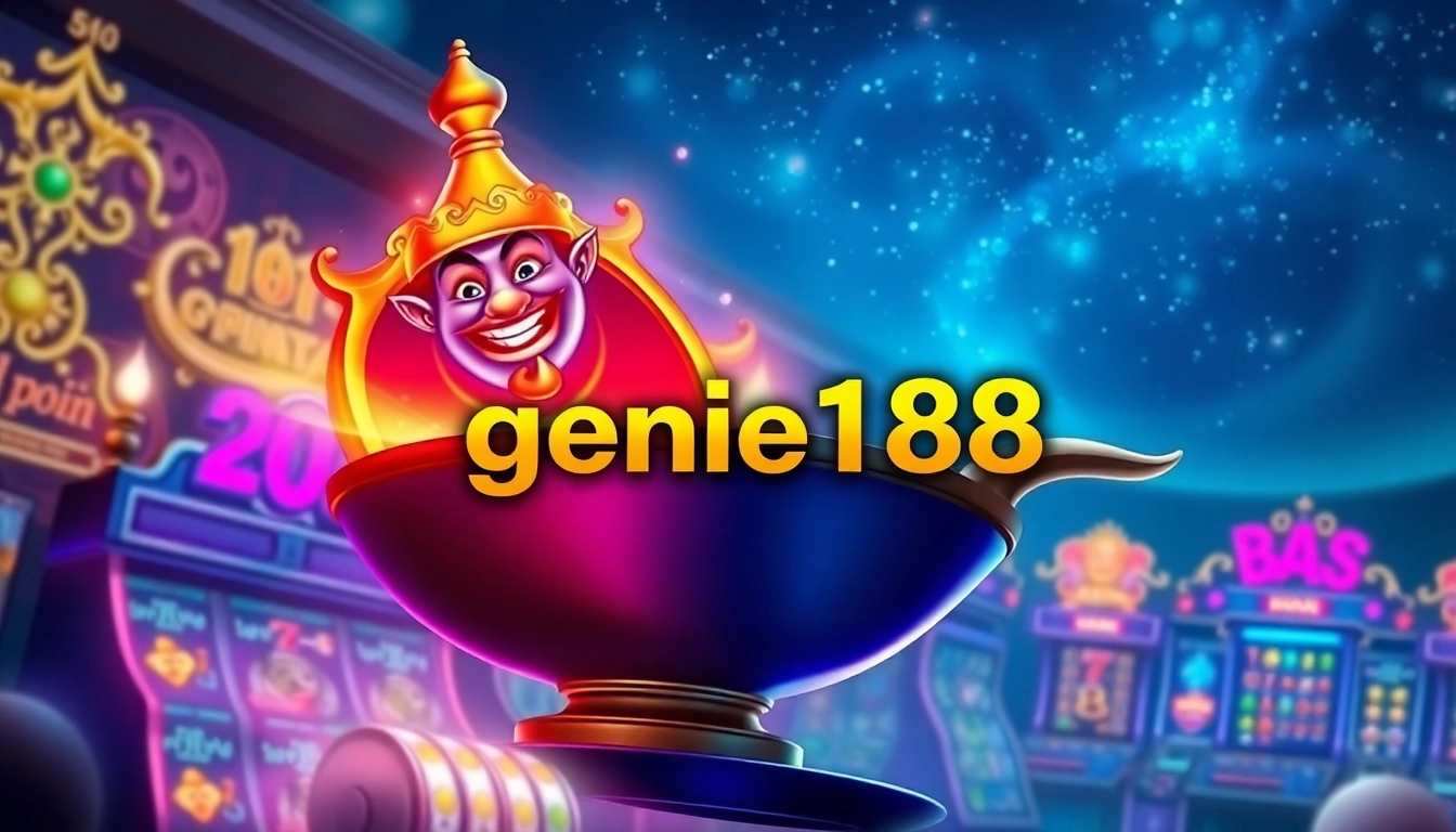 Experience the excitement of genie168 with an enchanting genie emerging from a vibrant gaming scene filled with colorful slot machines.