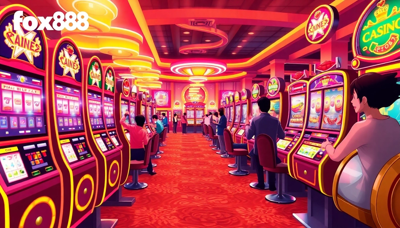 Experience the thrill of fox888 as players engage with colorful slot machines in a vibrant casino setting.