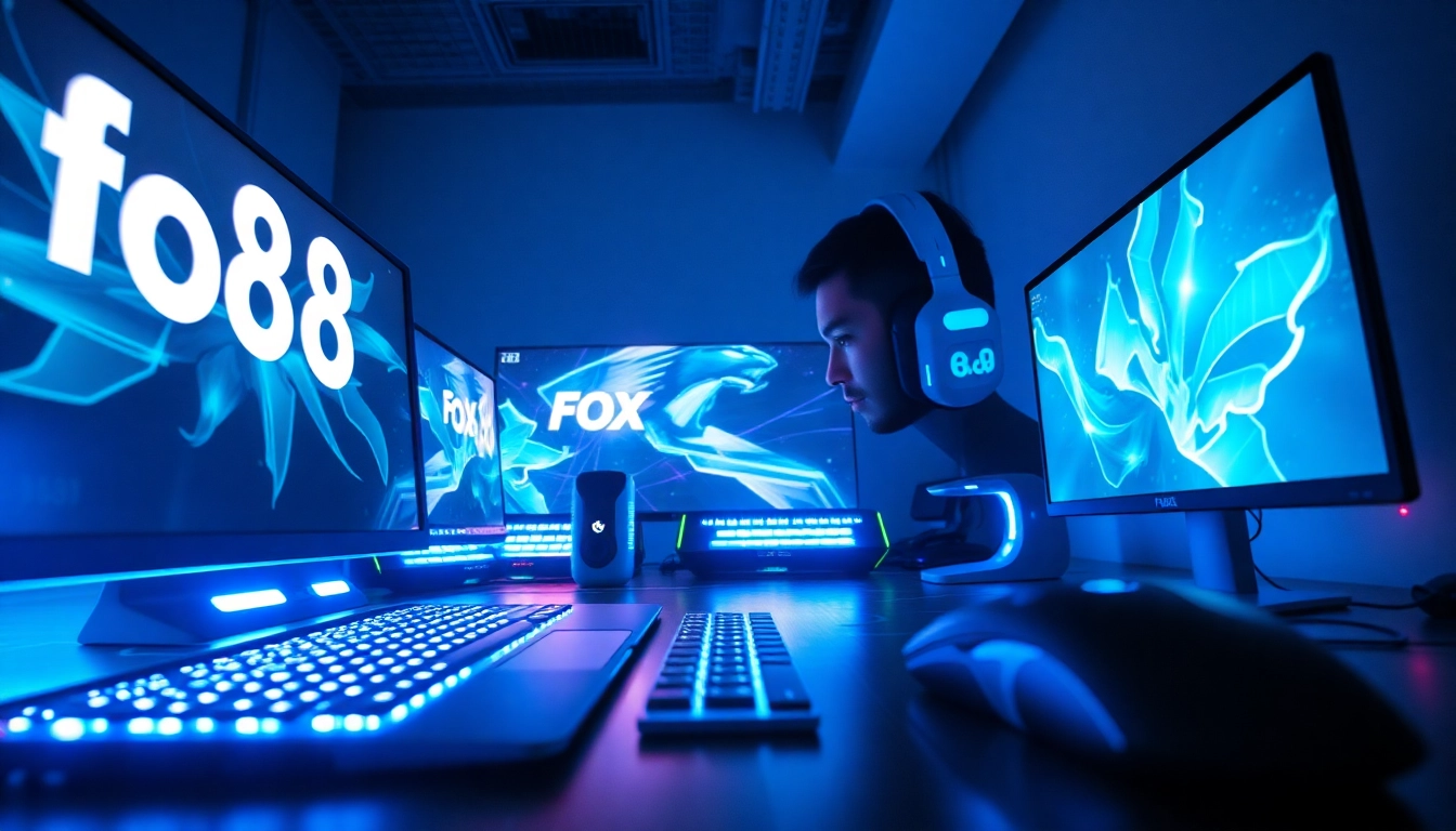 Explore the vibrant gaming setup featuring fox888 branding, showcasing dynamic lighting and engaging tech elements.