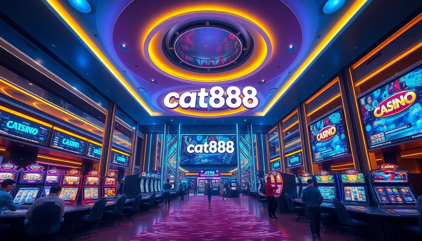 Experience the thrill of cat888 in a vibrant online casino lobby filled with interactive games and glowing accents.