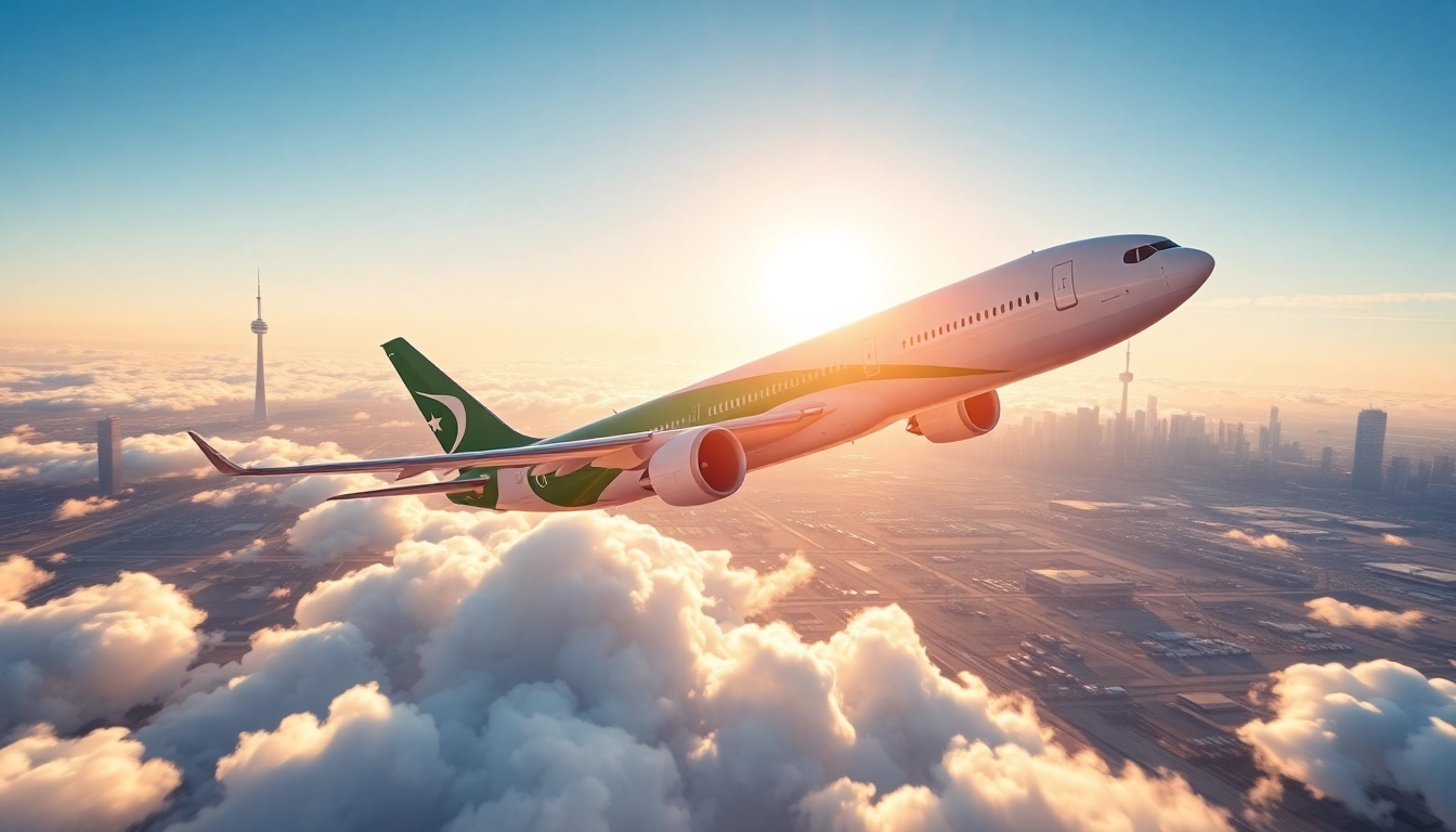 Experience the majestic flight PK789 of Pakistan International Airlines against a vibrant Toronto skyline.