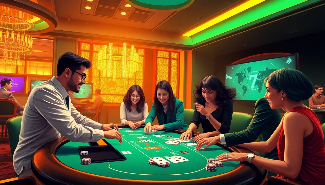 Experience thrilling gameplay in the som777 online casino environment with diverse players, stylish chips, and a vibrant atmosphere.