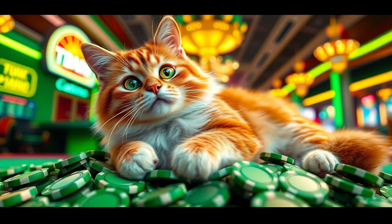 A playful cat amidst shining casino chips, symbolizing luck with cat888.