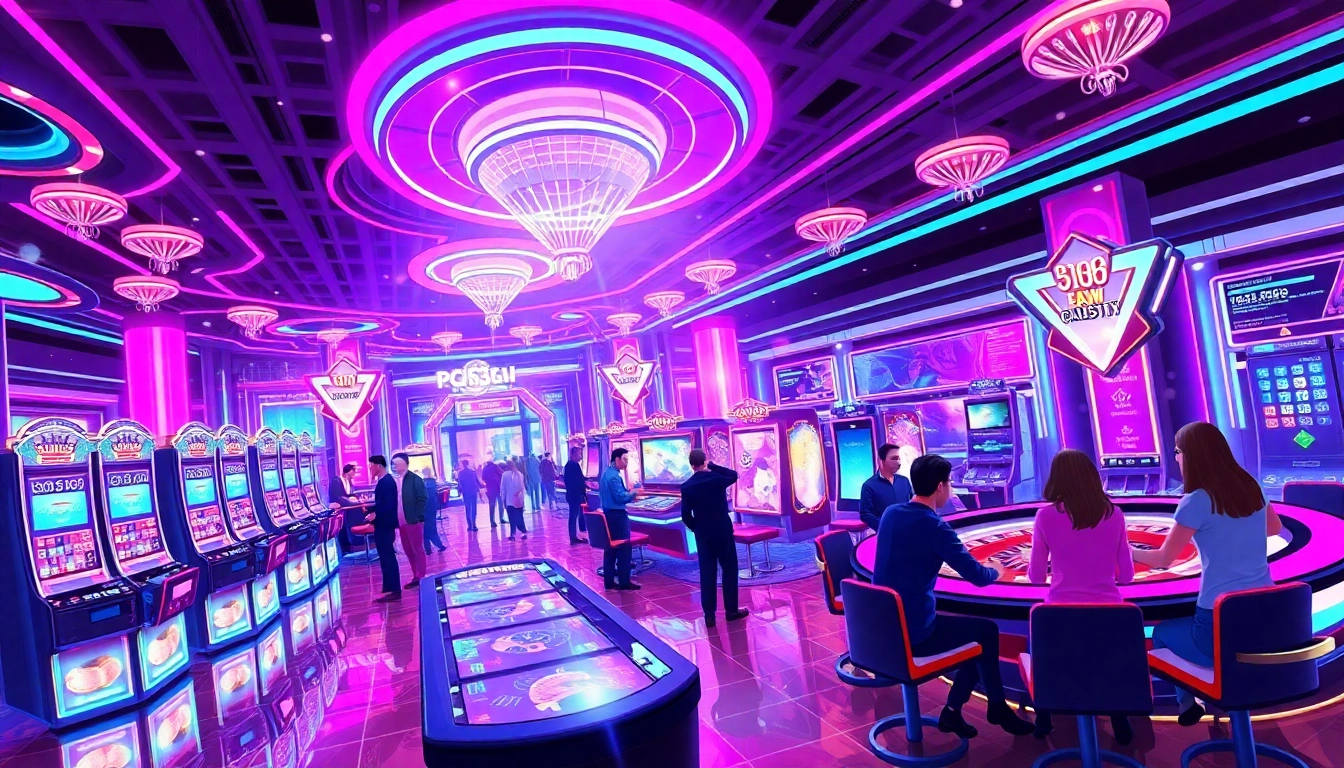 Explore the engaging atmosphere of pgg369's futuristic online casino, featuring modern slot machines and players in action.