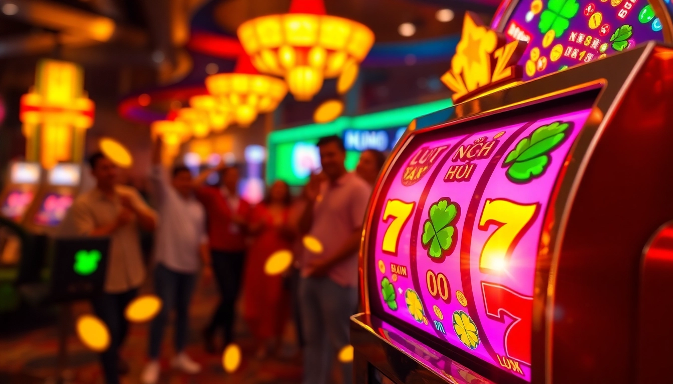 Nổ hũ gameplay with vibrant slot machine symbols to capture excitement.