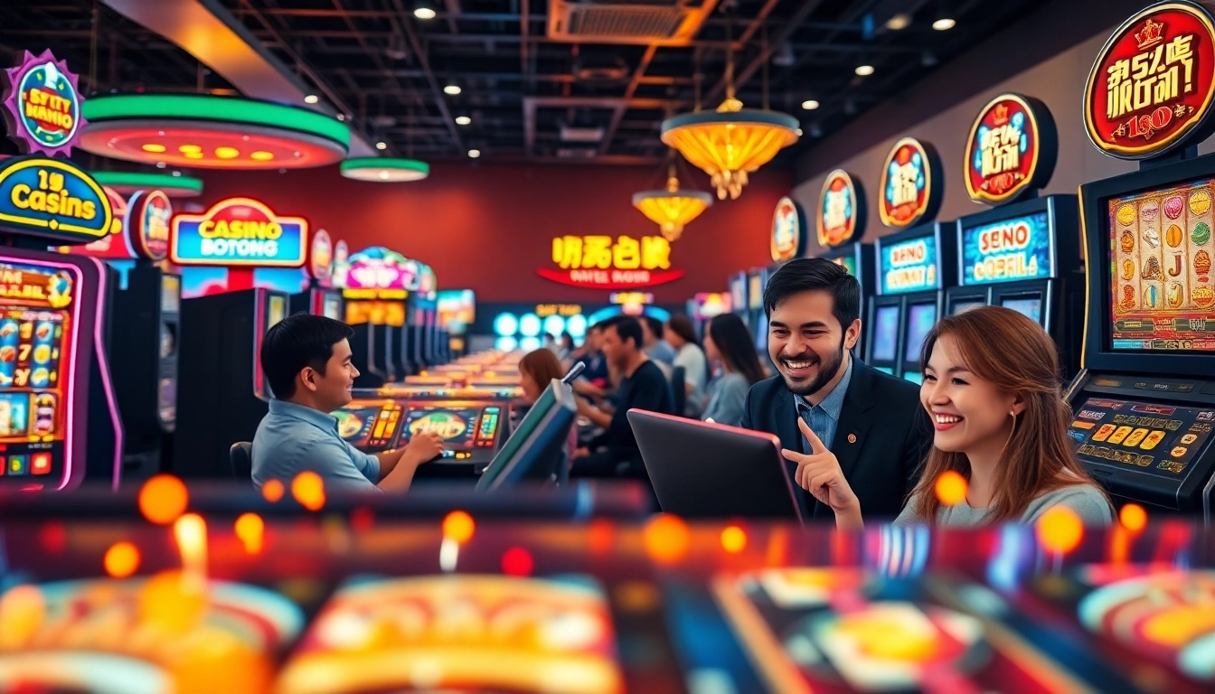 Experience สล็อตทดลอง online gaming with vibrant slot machines and players exploring casino fun.