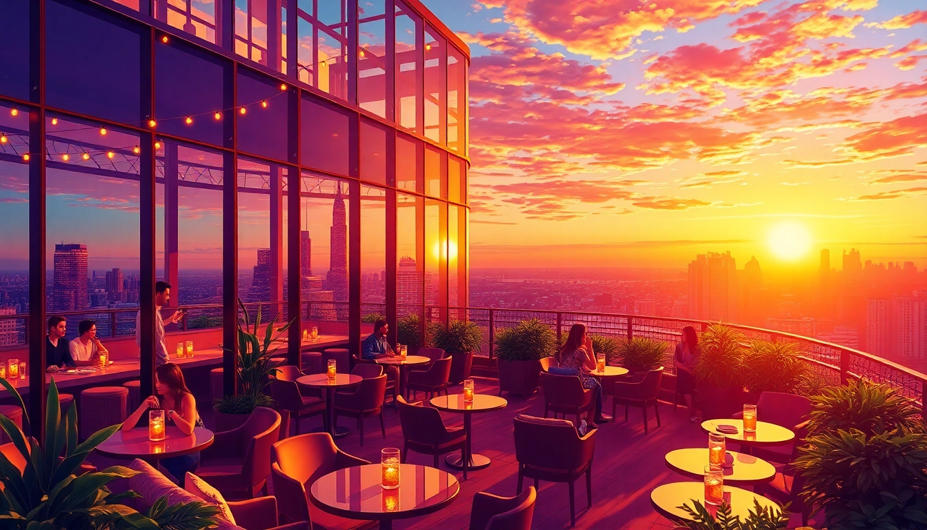 Nohu Rooftop Bar features stunning sunset views over Manhattan with guests sipping cocktails on a vibrant terrace.