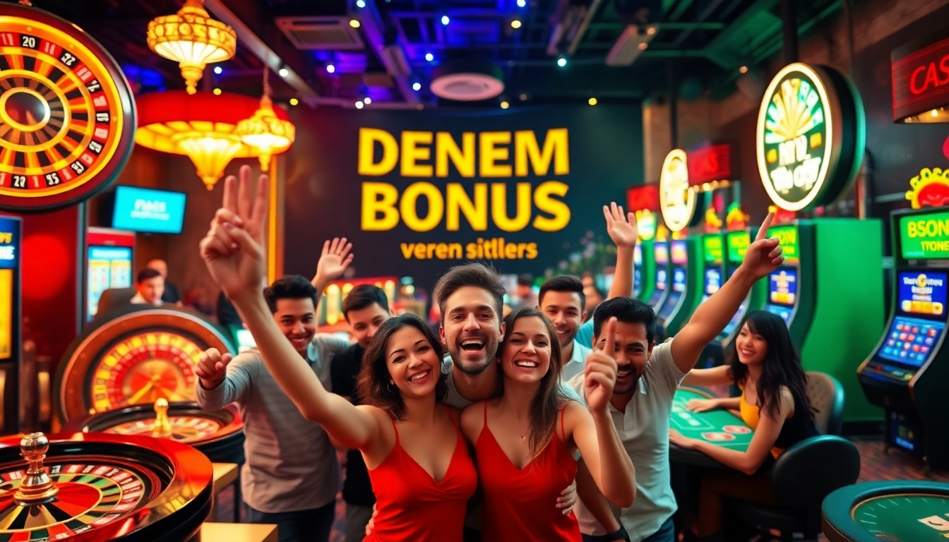 Excited players celebrating wins at deneme bonusu veren siteler in a vibrant casino setting.