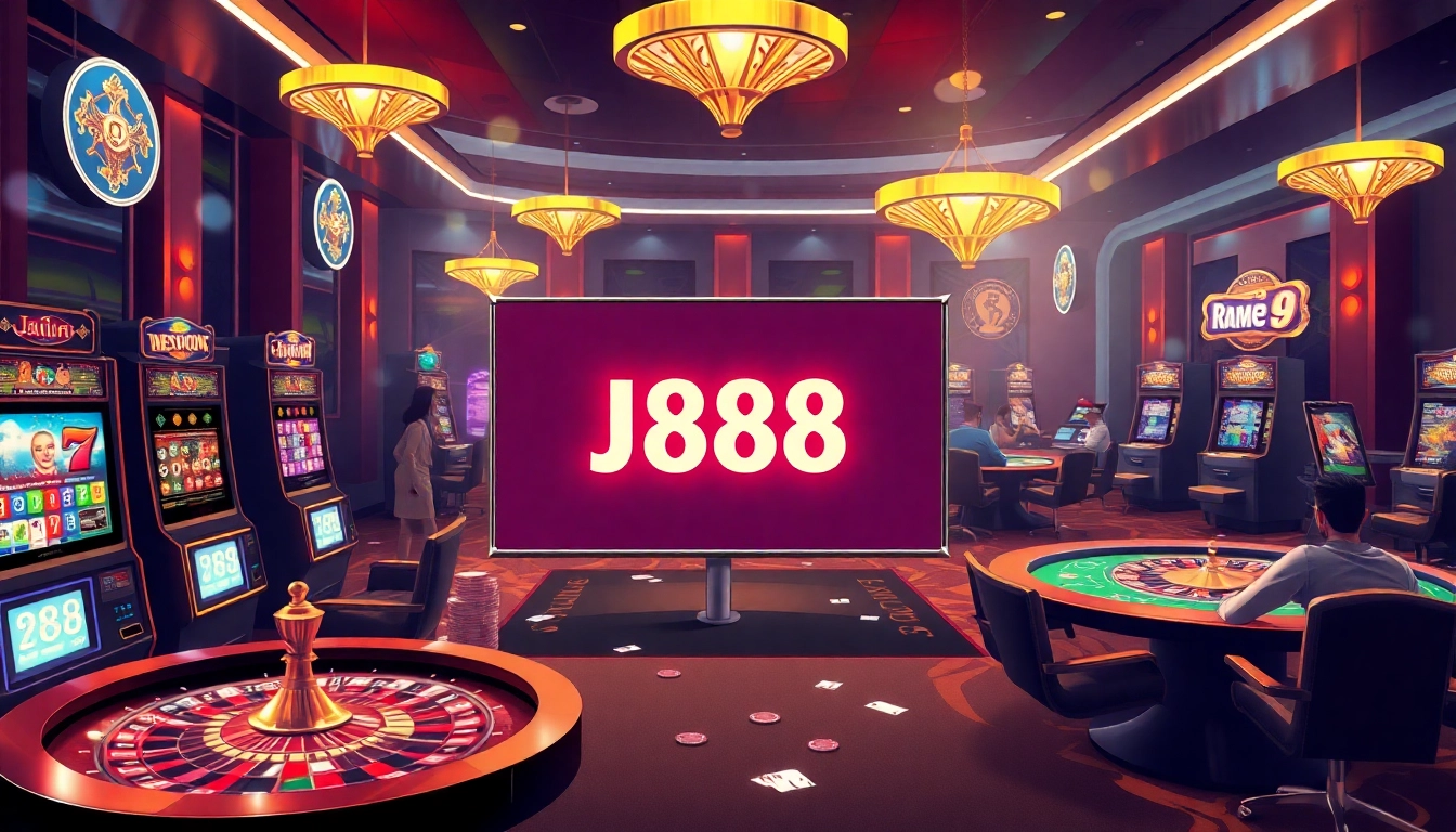 Engaging online casino scene illustrating J88 đăng nhập, showcasing vibrant slot machines and poker tables.