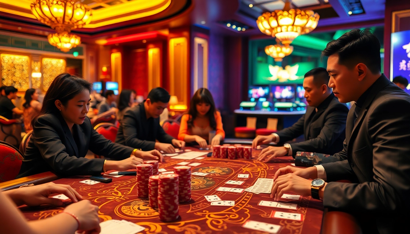 Players engaging in เสือมังกร at an elegant casino table, creating a thrilling gambling atmosphere.