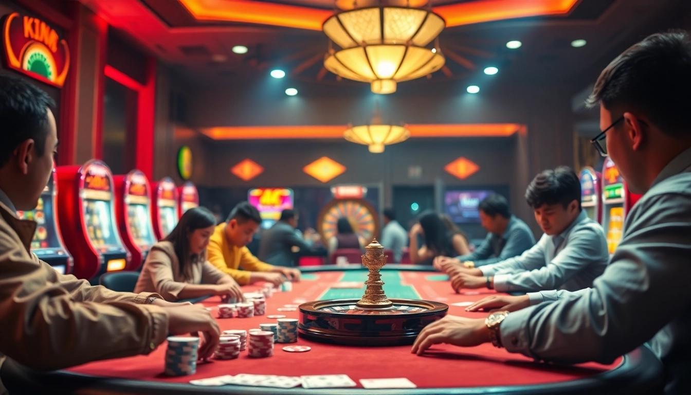 Experience the thrilling atmosphere of "bong da lu fun" with vibrant casino action showcasing poker chips, cards, and a roulette wheel.