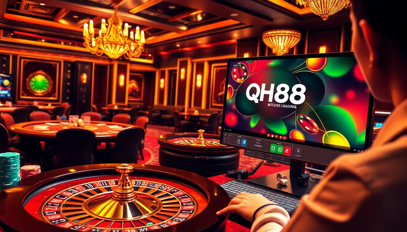 Experience thrilling online gambling with QH88, featuring roulette wheels, poker chips, and vibrant casino tables.