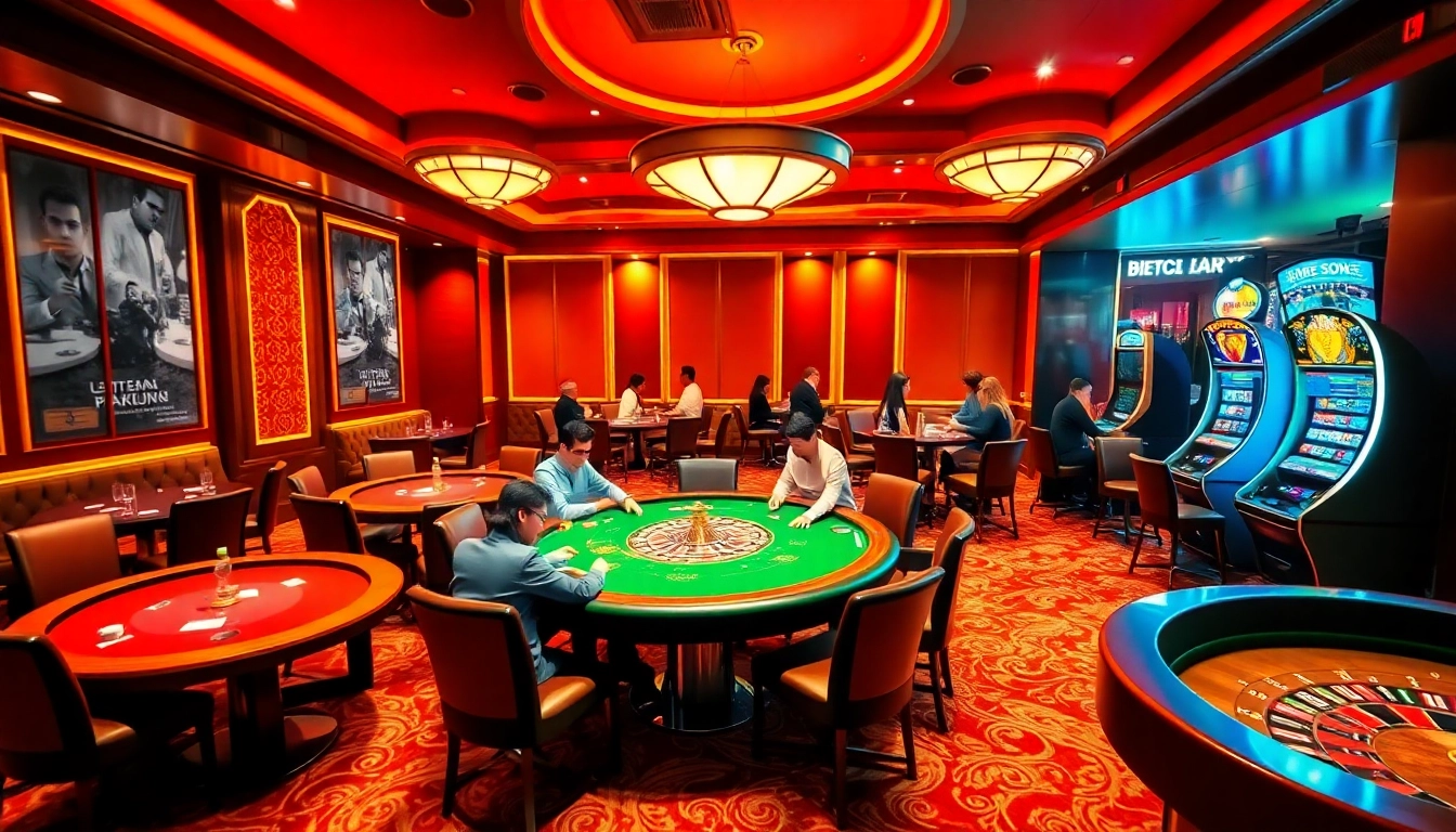 This image showcases the thrilling atmosphere of a game bài đổi thưởng at an online casino, featuring poker games, roulette, and engaging players.