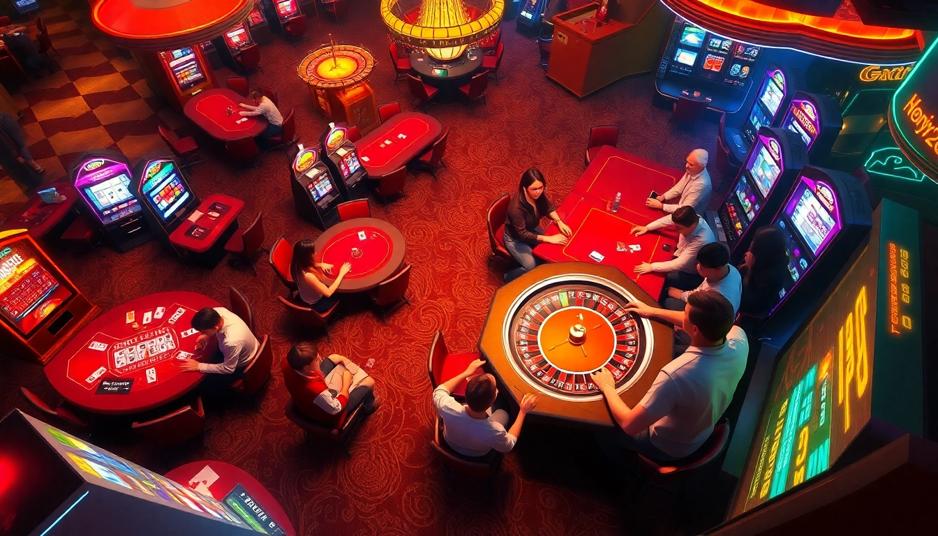 Nohu28 casino scene: Players engage in poker and roulette with vibrant lights and excitement.
