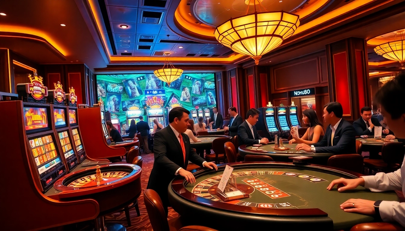 NOHU90 casino scene featuring players at poker tables and slot machines, showcasing vibrant gambling excitement.