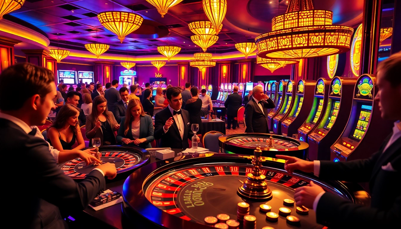 Experience the excitement at https://98winning.com/ with players surrounded by poker tables, colorful slot machines, and vibrant casino ambiance.