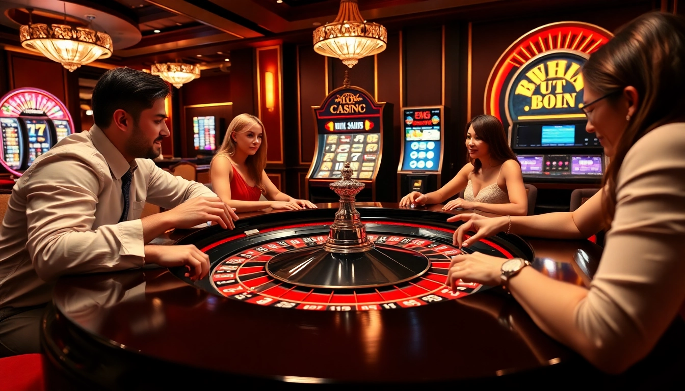 Players enjoy an exciting game at a Nhà cái uy tín roulette table, surrounded by vibrant casino elements.