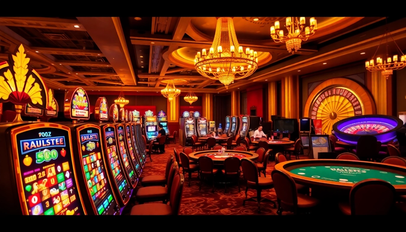 Experience the excitement of gambling with the bustling casino scene from https://thabetcom.dev/, featuring vibrant slot machines and poker tables.