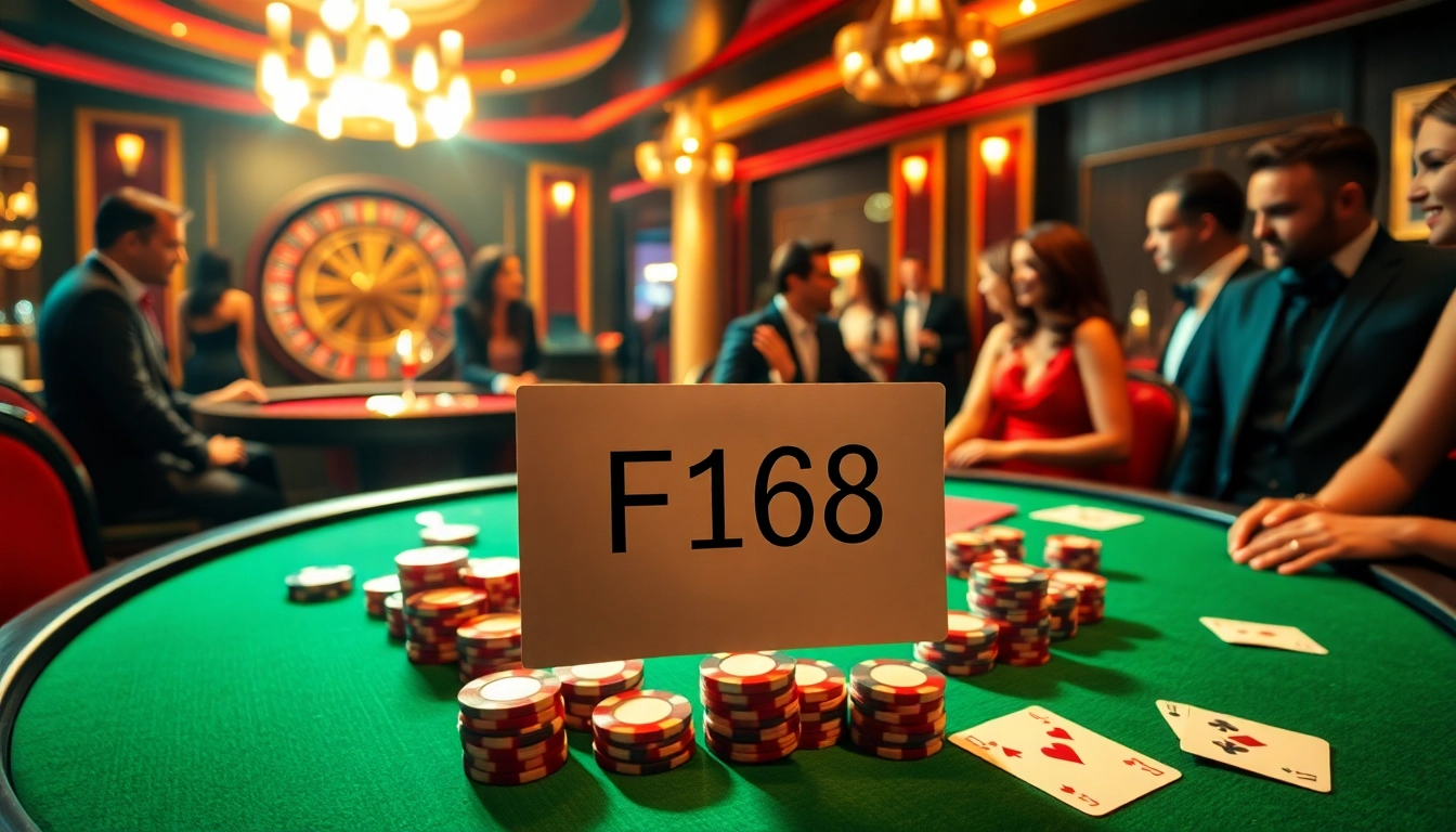 F168 poker setting featuring thrilling gameplay, colorful chips, and luxurious ambiance in a high-stakes casino.