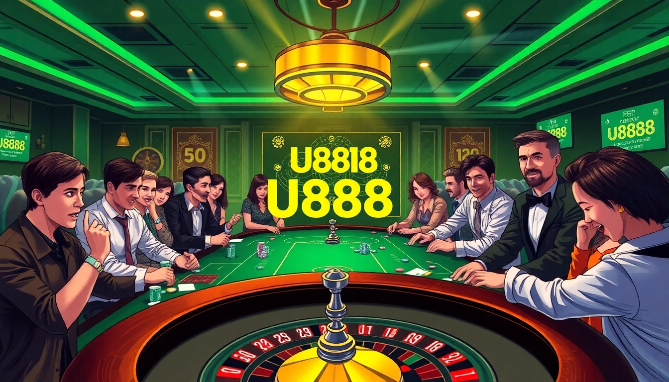 Enthusiastic players at a U888 poker table, surrounded by vibrant casino elements showcasing excitement and luxury.