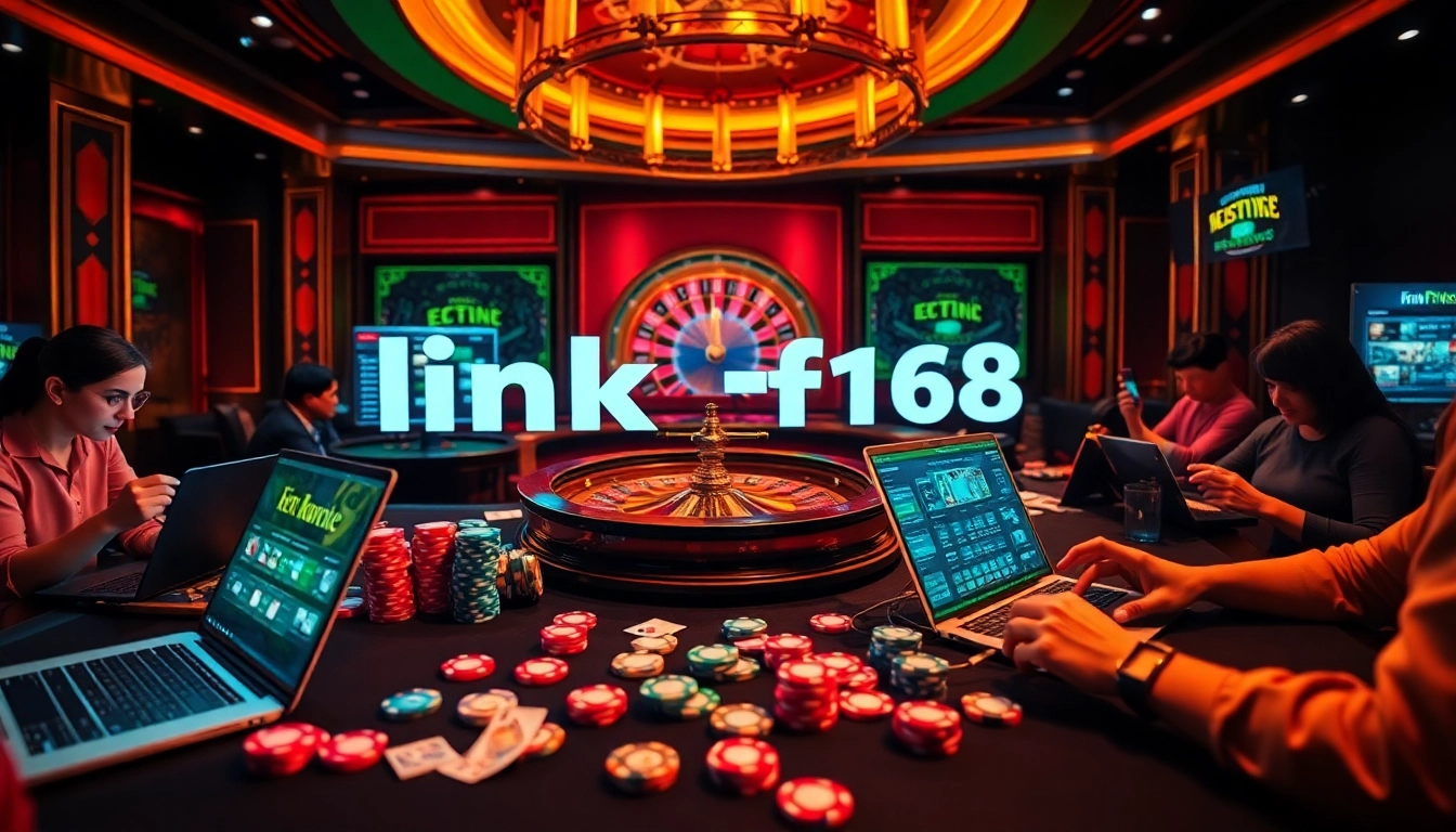 Experience thrilling online gameplay with link f168 at a vibrant casino table filled with poker chips and cards.