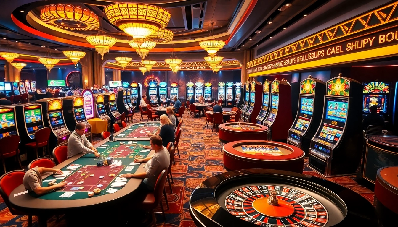 A lively casino scene showcasing deneme bonusu veren siteler, with players at gaming tables, vibrant slot machines, and active betting interfaces.