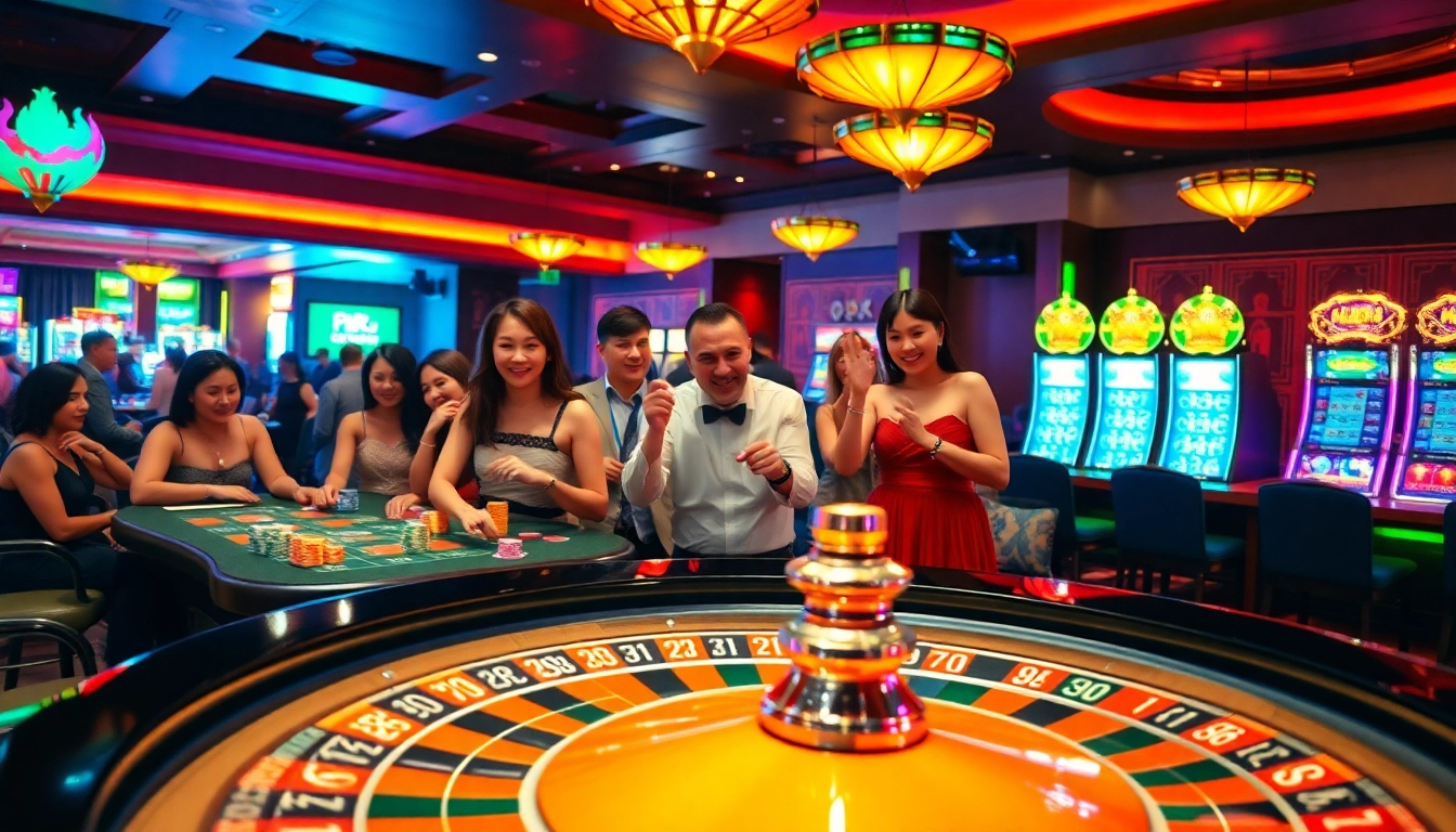 Exciting casino scene with players at roulette, featuring rr888 betting slips and vibrant colors, embodying gambling thrills.