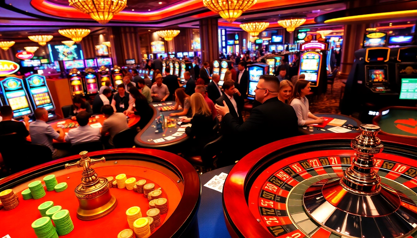 Experience the thrilling energy of the casino floor with players enjoying games at https://68gamebai.download/, showcasing vibrant tables and spinning roulette wheels.
