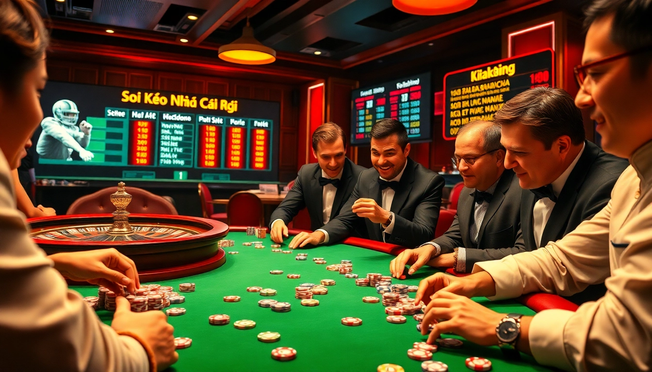 Engaging scene of poker players focused on the table, showcasing soi kèo nhà cái odds illuminated above, capturing the thrill of gambling.