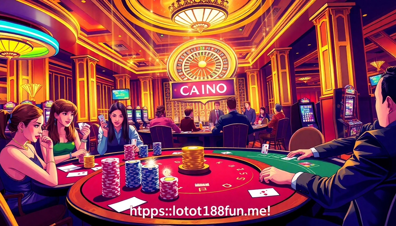 Experience thrilling gameplay at https://loto188fun.me/ with vibrant poker tables and illuminated slot machines.