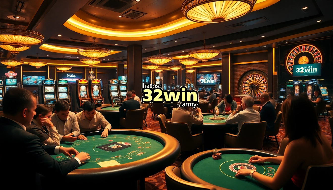 Experience the thrill of high-stakes gambling at https://32win.army/, showcasing intense poker and vibrant slot machines.