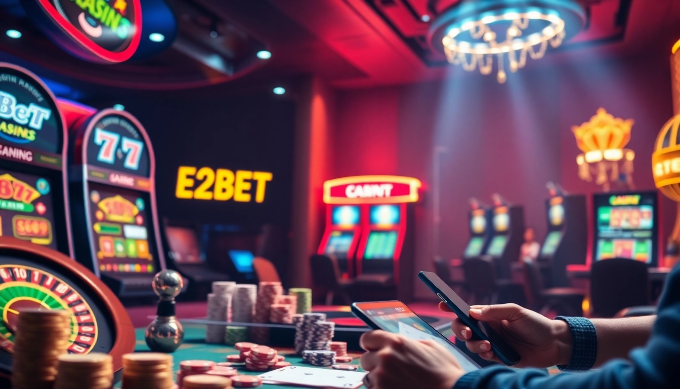 E2BET showcases an immersive online gambling interface with vibrant casino elements.