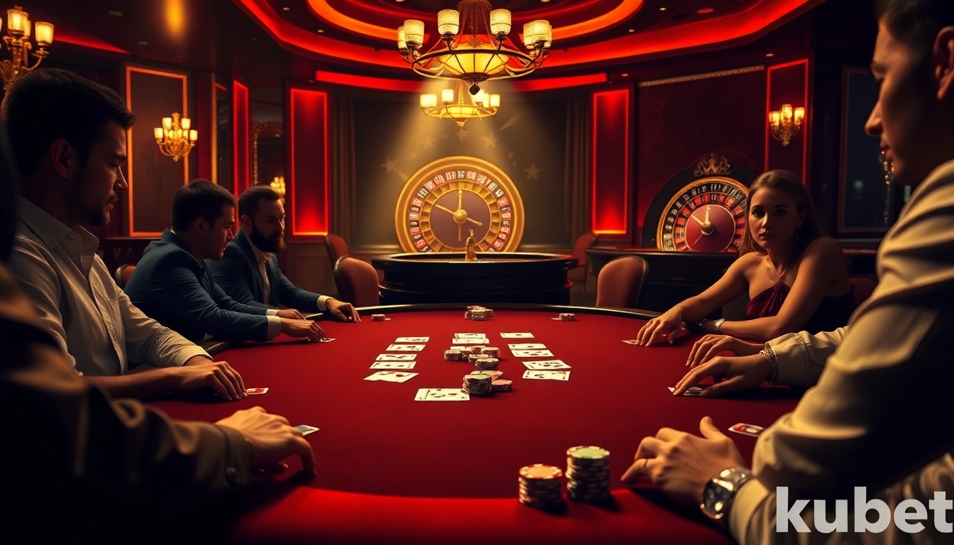 Excitement builds as players engage in poker at kubet's luxurious casino setting.