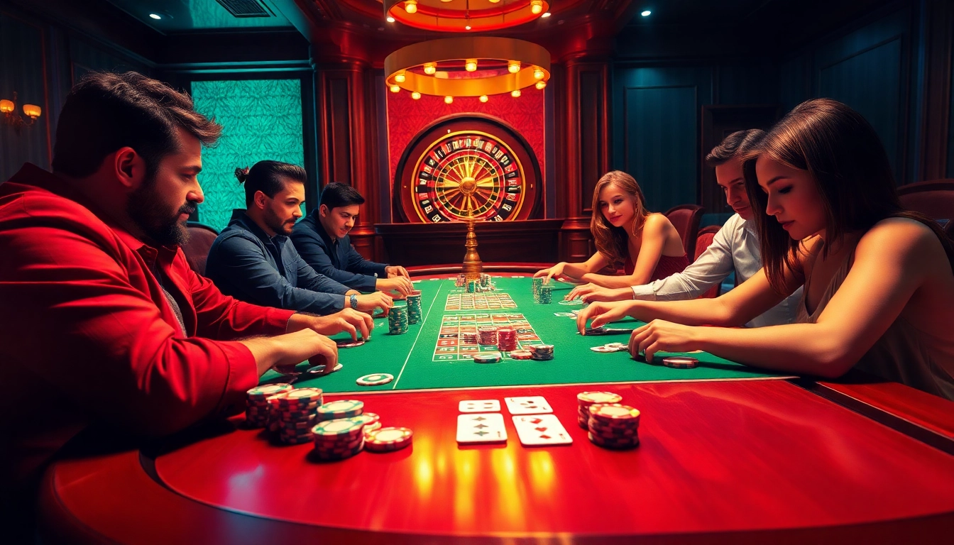 Players excitedly strategizing at a poker table, showcasing keonhacai gambling thrills with colorful chips and cards.