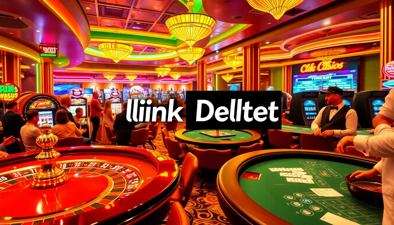 Experience vibrant casino excitement with “link Debet” showcased in this bustling gaming floor filled with joy.