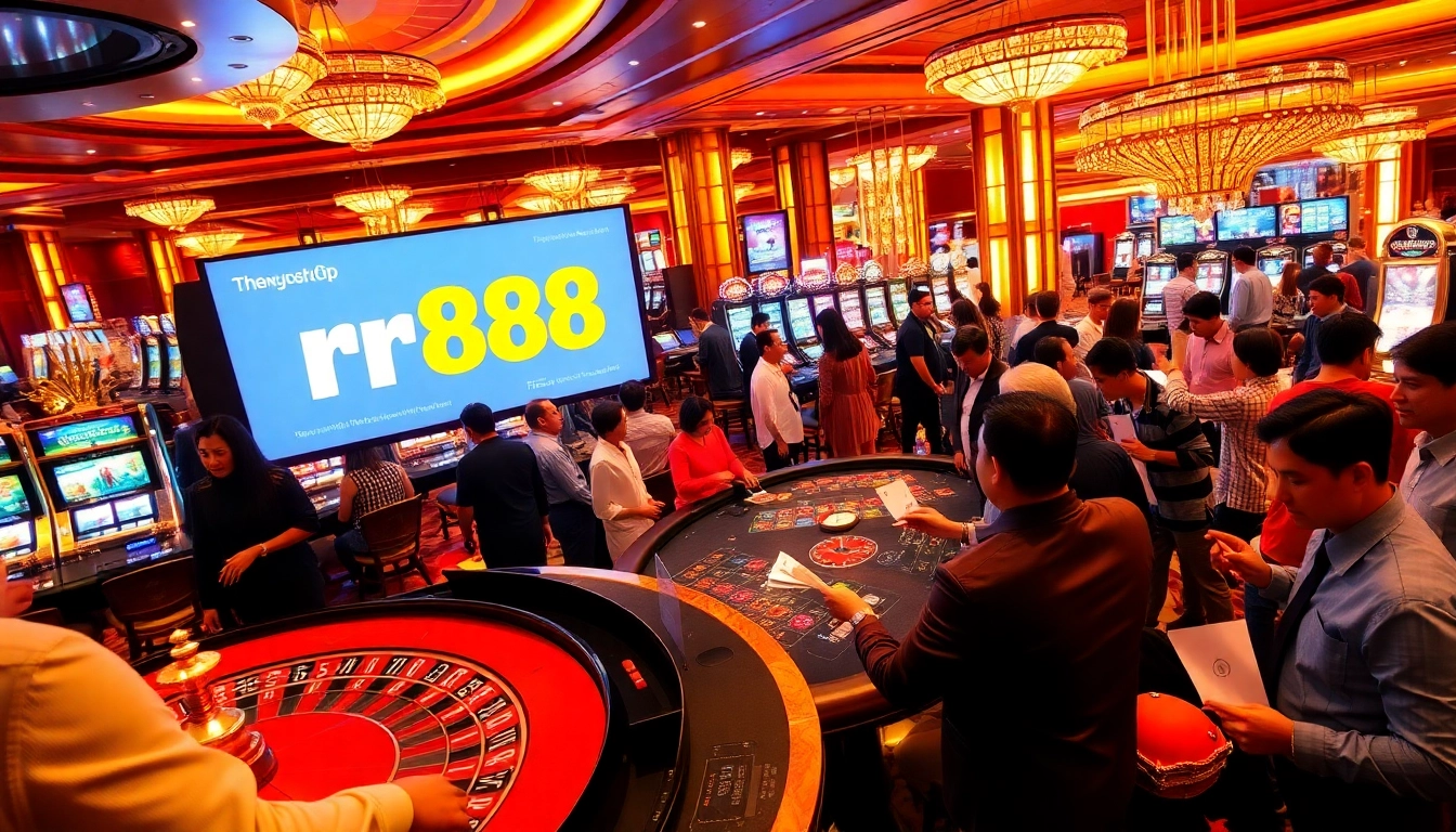 The rr888 casino buzz thrives with players at a roulette table, showcasing vibrant chips and betting slips in an exciting gaming atmosphere.