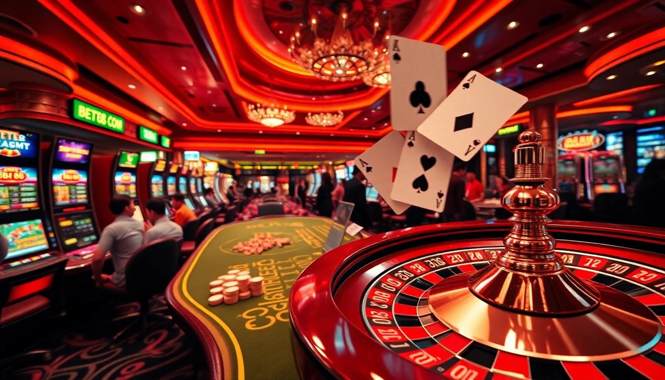 Experience thrilling gaming at BET88 COM with vibrant slot machines, poker tables, and roulette wheels in an exciting casino atmosphere.