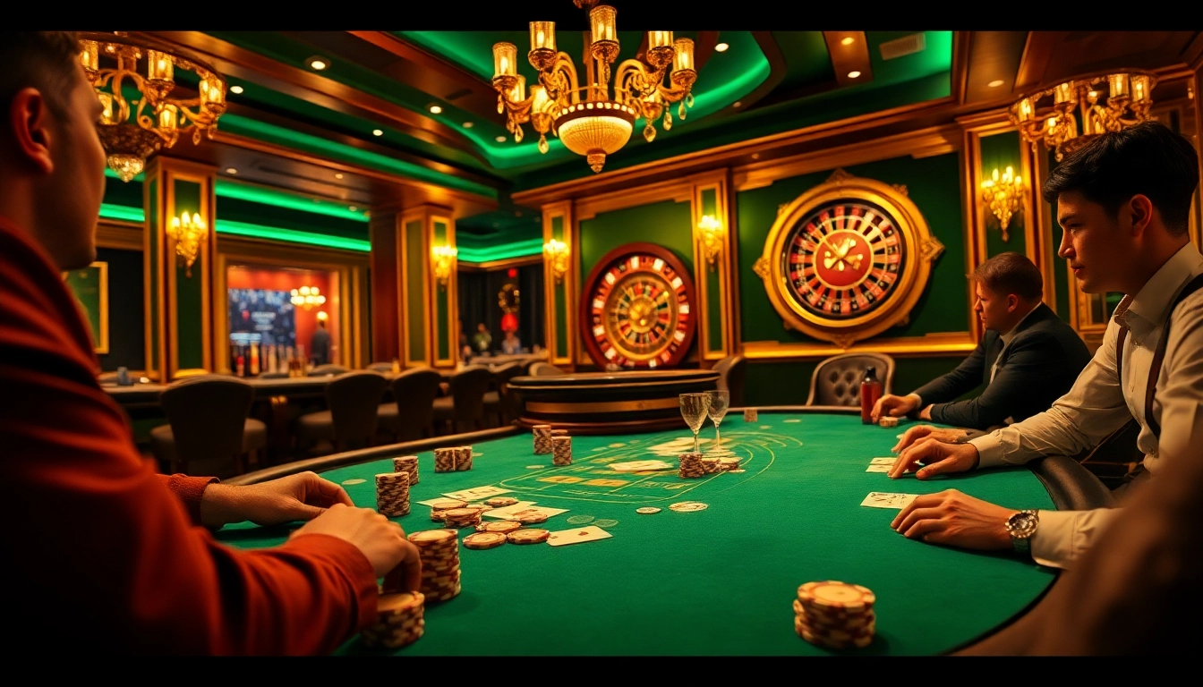 Experience high-stakes poker action at https://69vn.me.uk/, showcasing intense gameplay and vibrant casino decor.