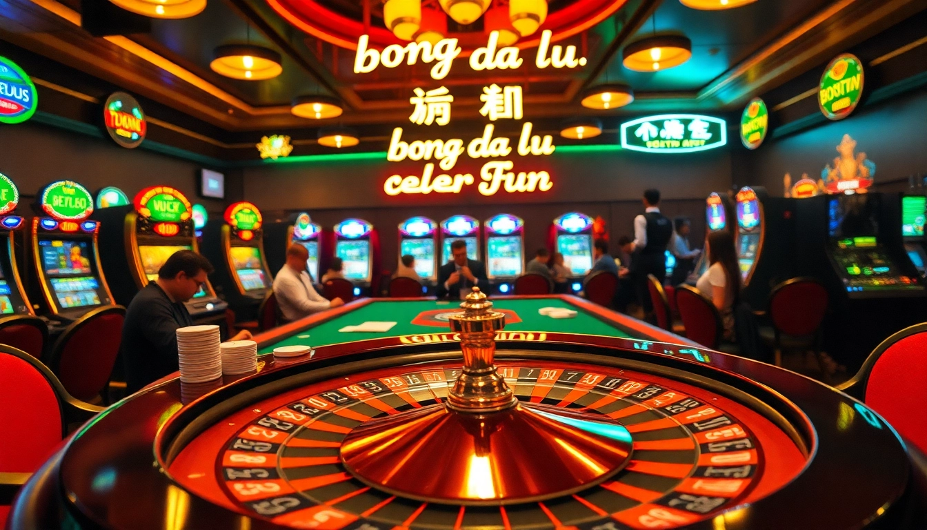 bong da lu fun excitement springs to life at a high-stakes poker table in a lively casino, with vibrant slot machines in action.