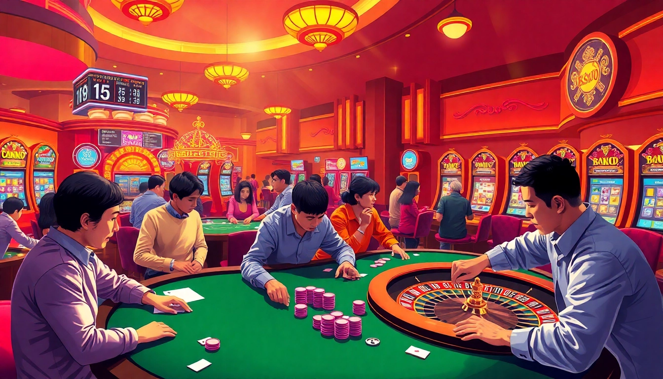 Gamblers actively engaging in casino games while checking kèo nhà cái for the latest betting odds.