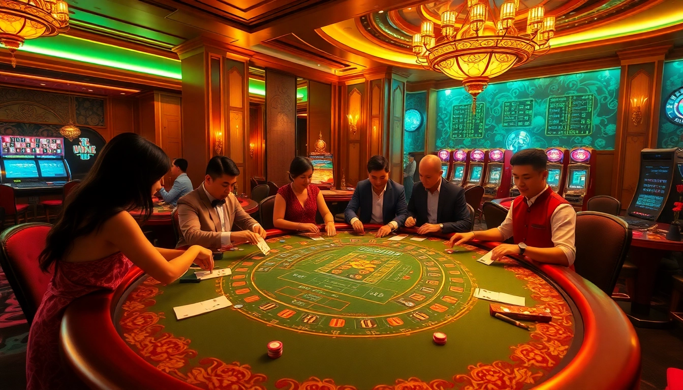 A lively เสือมังกร game scene in a glamorous casino, featuring players and vibrant decor.