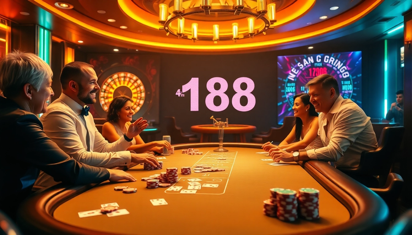 F168 captures the thrill of poker with vibrant chips and exciting players in a luxurious casino setting.