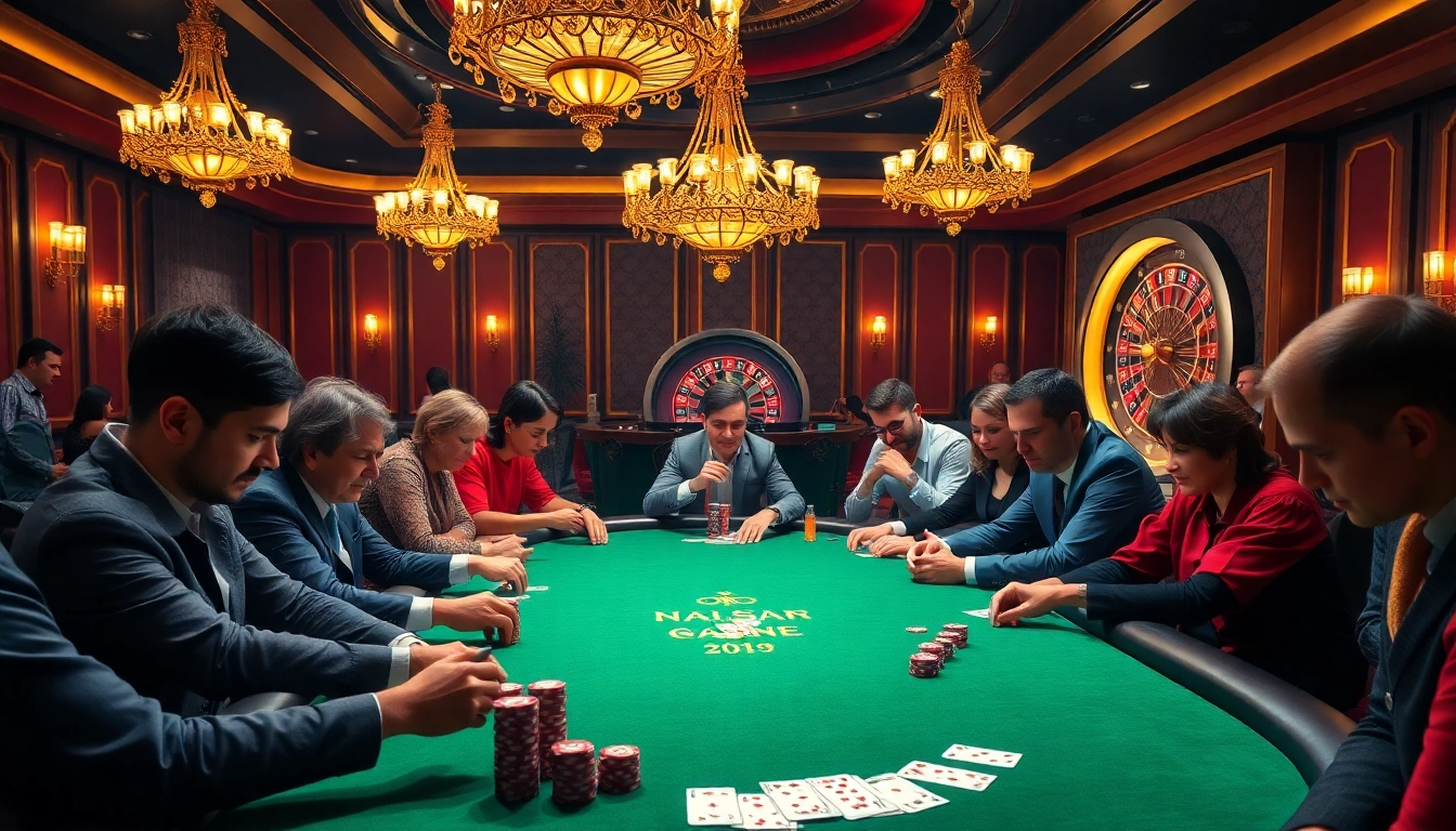 Alo789 players enjoying a thrilling poker game in an elegant setting with vibrant casino decor.